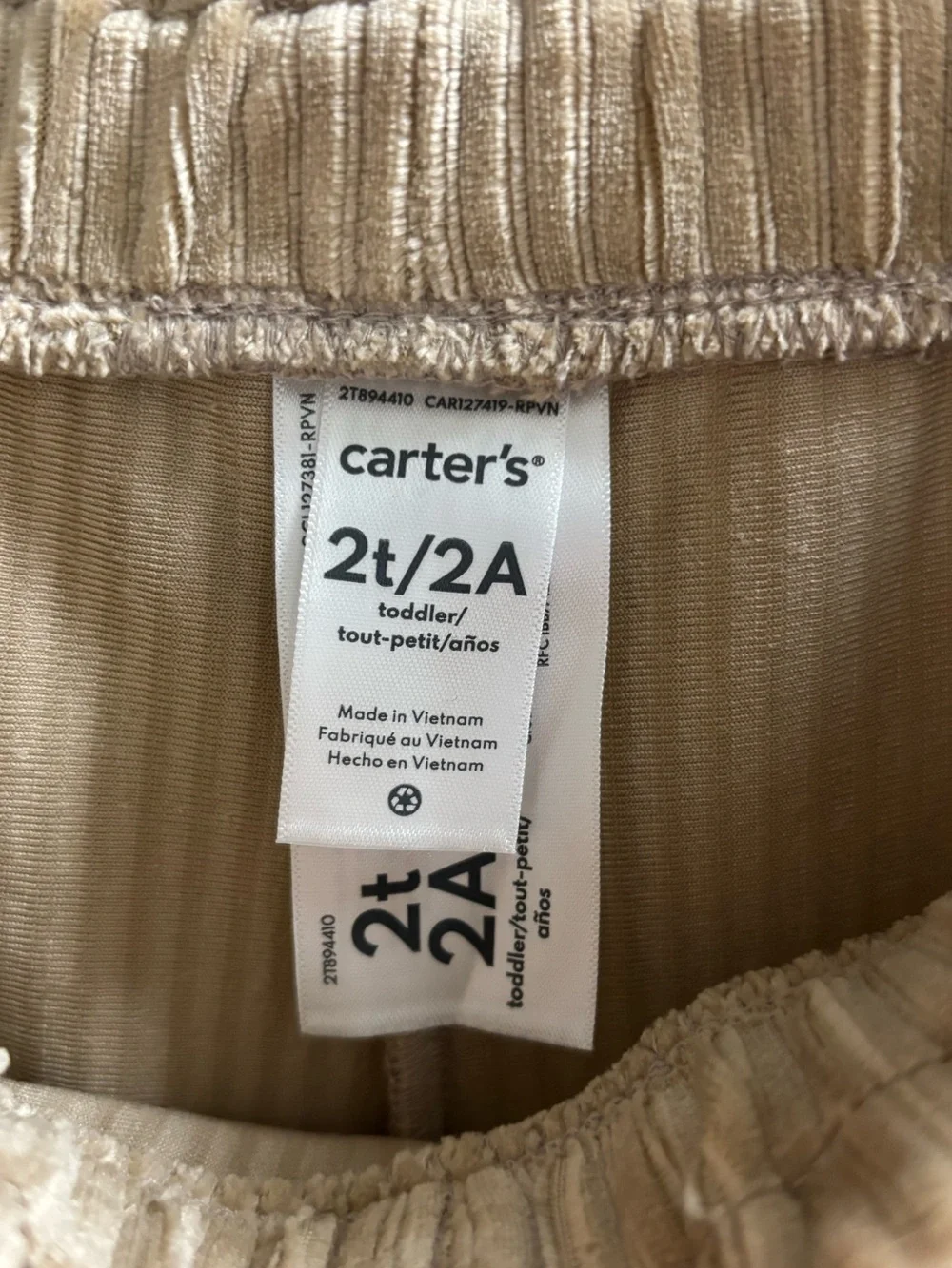 Carter's Tan Corduroy Ribbed Pants Elastic Waist 2T/2A
